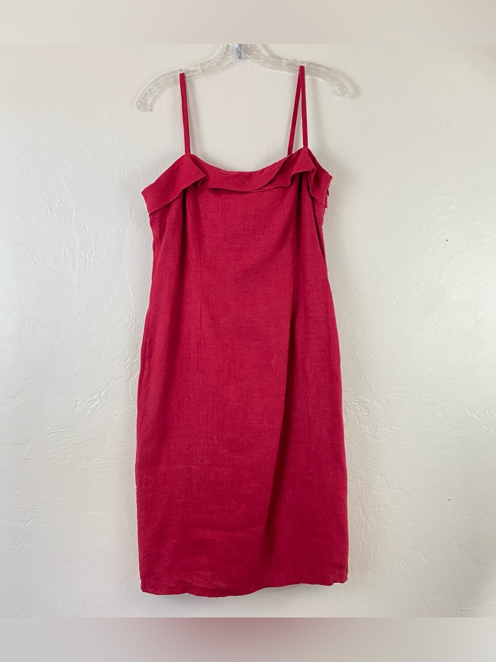 Mark’s Size 48 Red Linen Spaghetti Strap Square Neck Formfitting Midi Dress